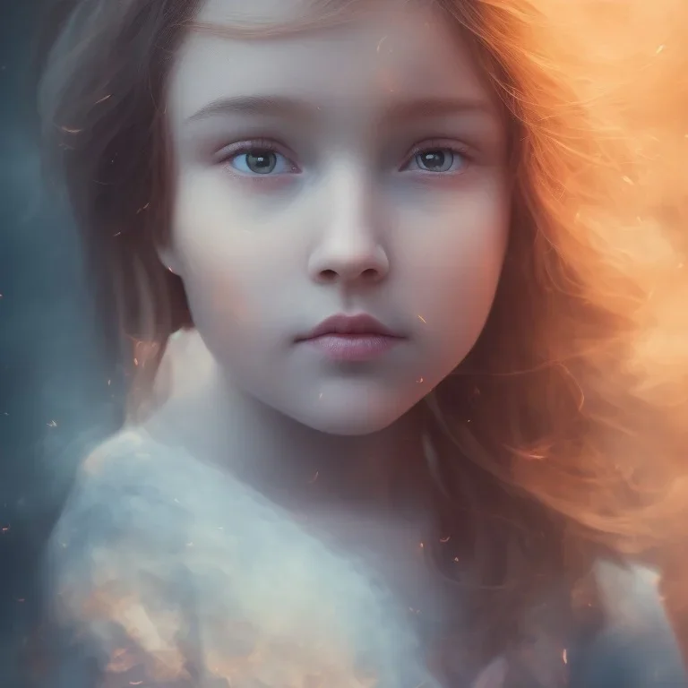 portrait photography, 8K, Portrait of a child heaven, close-up face, anatomically perfect face, a sunny atmosphere, misty smoke, blue light