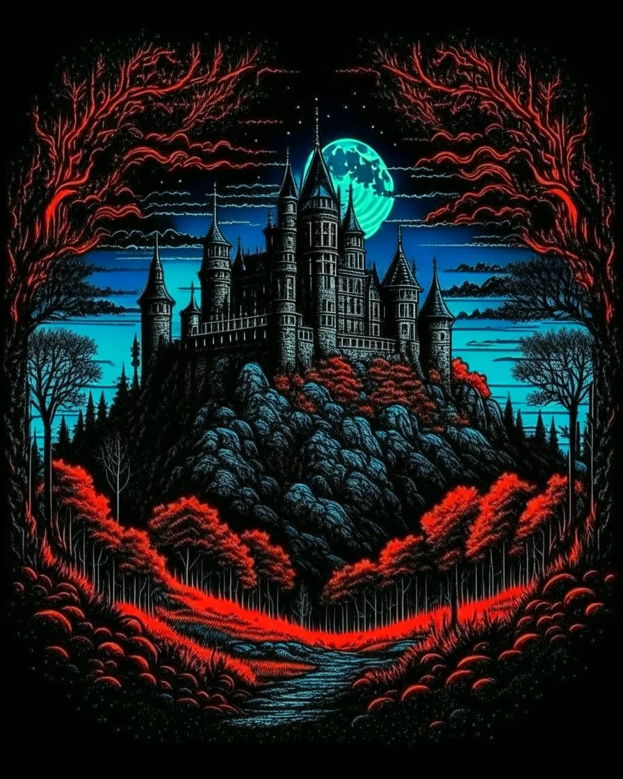 Moon, black night, shadowy old castle, dark forest in the background,HDR,UHD,8K, best quality, masterpiece, Highly detailed, ultra-fine painting, Urban Pulse::2 Street Art, deconstructionism, typographic expression, vibrant colors, urban surrealism, synthwave:: t-shirt vector, center composition graphic design, plain background::2 mockup::-2 --upbeta --ar 1:1