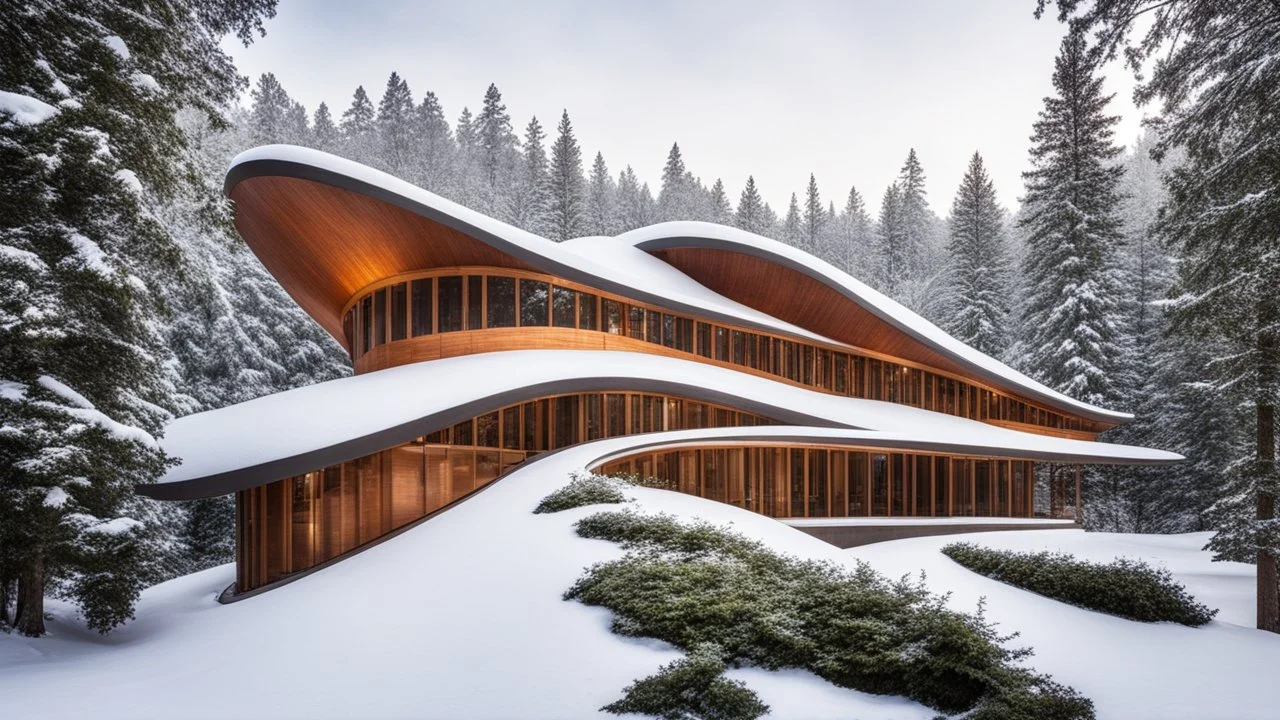 80331, rule of thirds, delightful, sensitive, confident, undulating sinusoidal theatre with pointed hyperbolic roofs, forest, delicate, thick snow, sunshine, symmetrical, exquisite architecture, innovative design, perfect symmetry, award-winning photograph, beautiful c