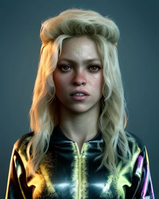 portrait, Shakira, blonde artist, angry, Realistic image, MMA robe, hoodie, mma gloves, loose long hair, eyes, makeup, gold line make up, moisture, sweat, fog, goddess, Neon colors, leds. Black background, photo studio, concept art, smooth, unreal engine 5, god lights, ray tracing, RTX, lumen lighting, ultra detail, volumetric lighting, 3d, finely drawn, high definition, 4k.