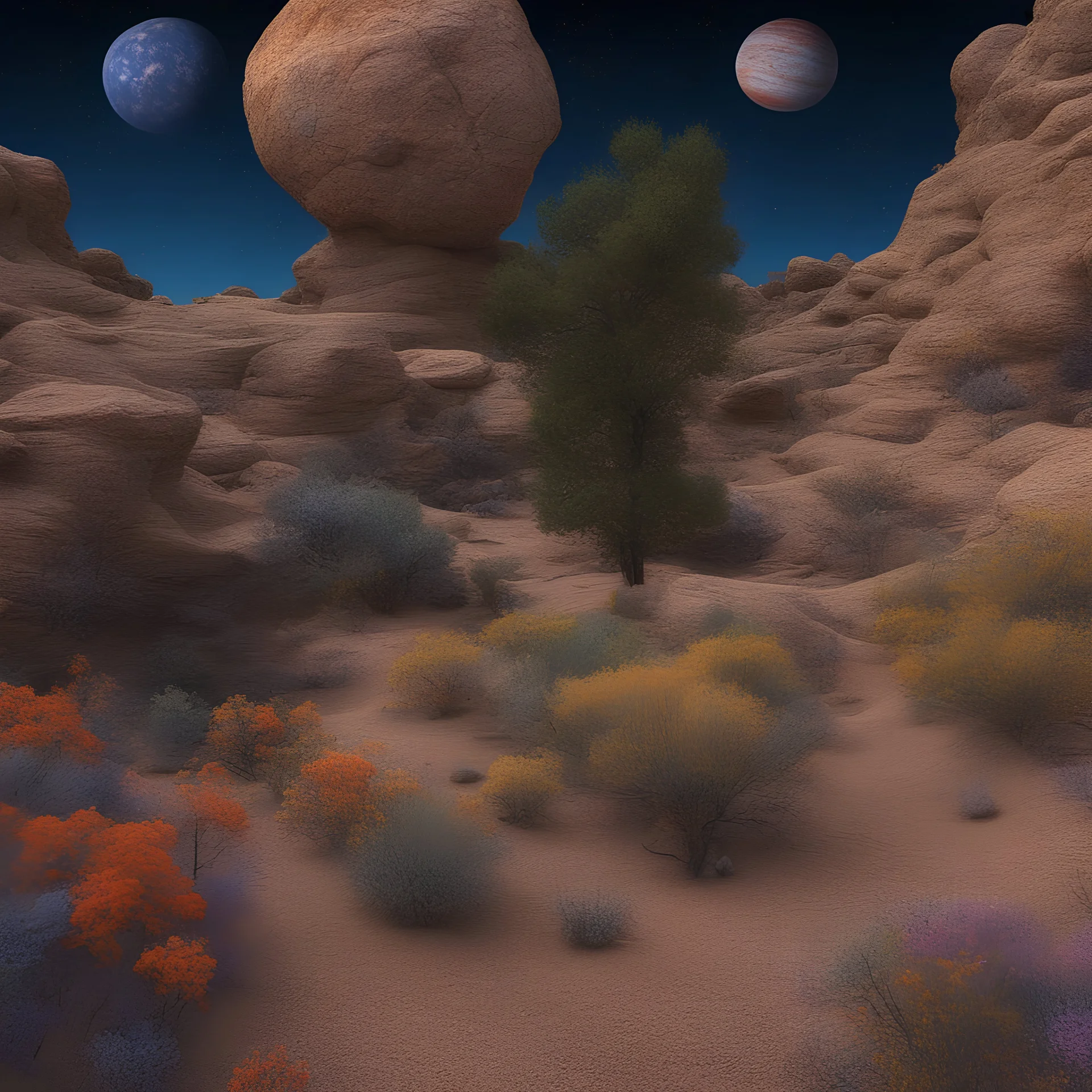 Colourful, peaceful, Egon Schiele, Max Ernst, night sky filled with galaxies, stars, and planets, rock formations, Arizona desert, trees, flowers, medieval miniature, sharp focus, 8k, deep 3d field,, ornate