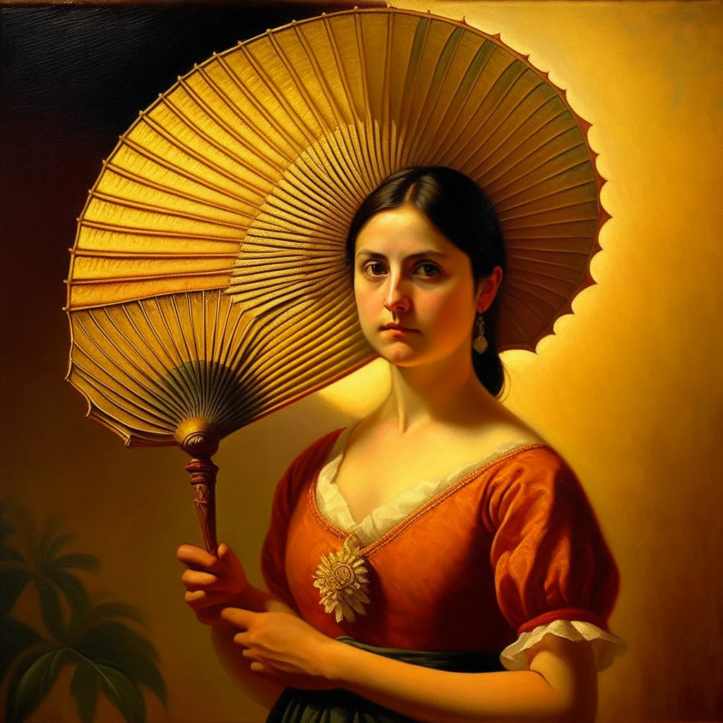 mexican woman holding a fan turning around looking into camera neoclassism painting sun