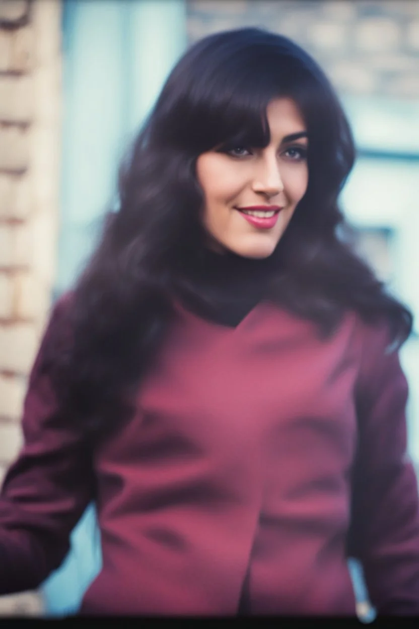 a woman standing in front of a brick wall, home video footage, persian rug, may 6 8, black bangs, waldo in the top right of frame, in a village street, of an beautiful girl, photo still of behind view, 1 female, old footage