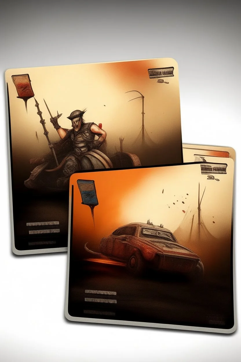 card game mockup. represents a train and a circus, wasteland theme. mad max.