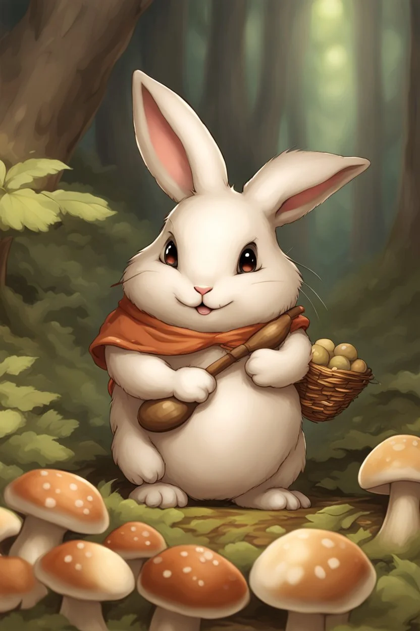 Cute chubby bunny floppy ears adventurer dnd cooking with mushrooms art realism