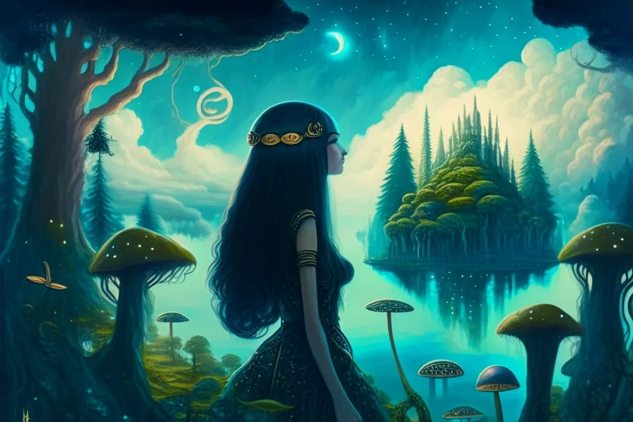 A skinny woman with a Cleopatra hairstyle, short skirt, and knee-high boots, looking out over a lake, in an alien forest, with tall cloud trees, flying mushrooms with octopus tentacles