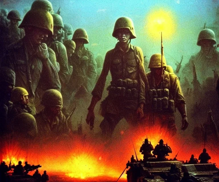 vietnam war. war. napalm. bokeh. lens flare. warm lights. high detailed. beksinski