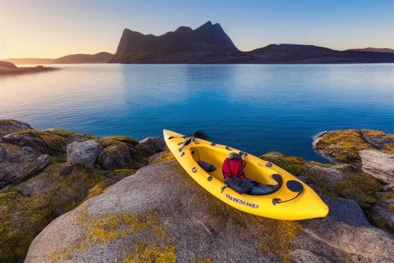 highly detailed glacial lake landscape, sunset, cinematic lighting, 4k, 8k, octane render, popular on 500px, pinterest, extremely detailed, ambient lighting, single frame, small fiberglass yellow solo symmetrical sea kayak on rock pebble beach in foreground, norway, iceland, fjord