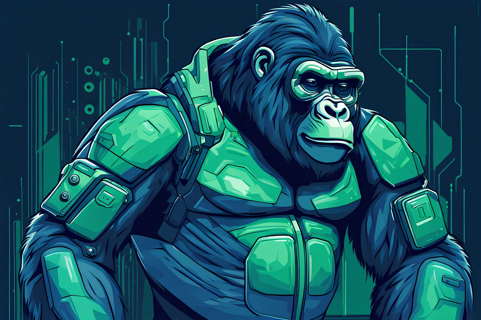 futuristic vector illustration of a full body friendly gorilla with glasses and technical elements in green-blue colours