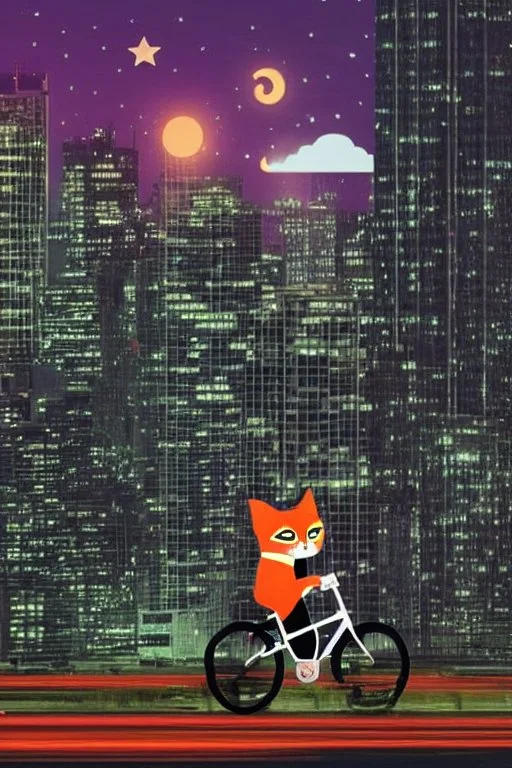 A pedaling cat riding a bicycle is flying at night over tall buildings.