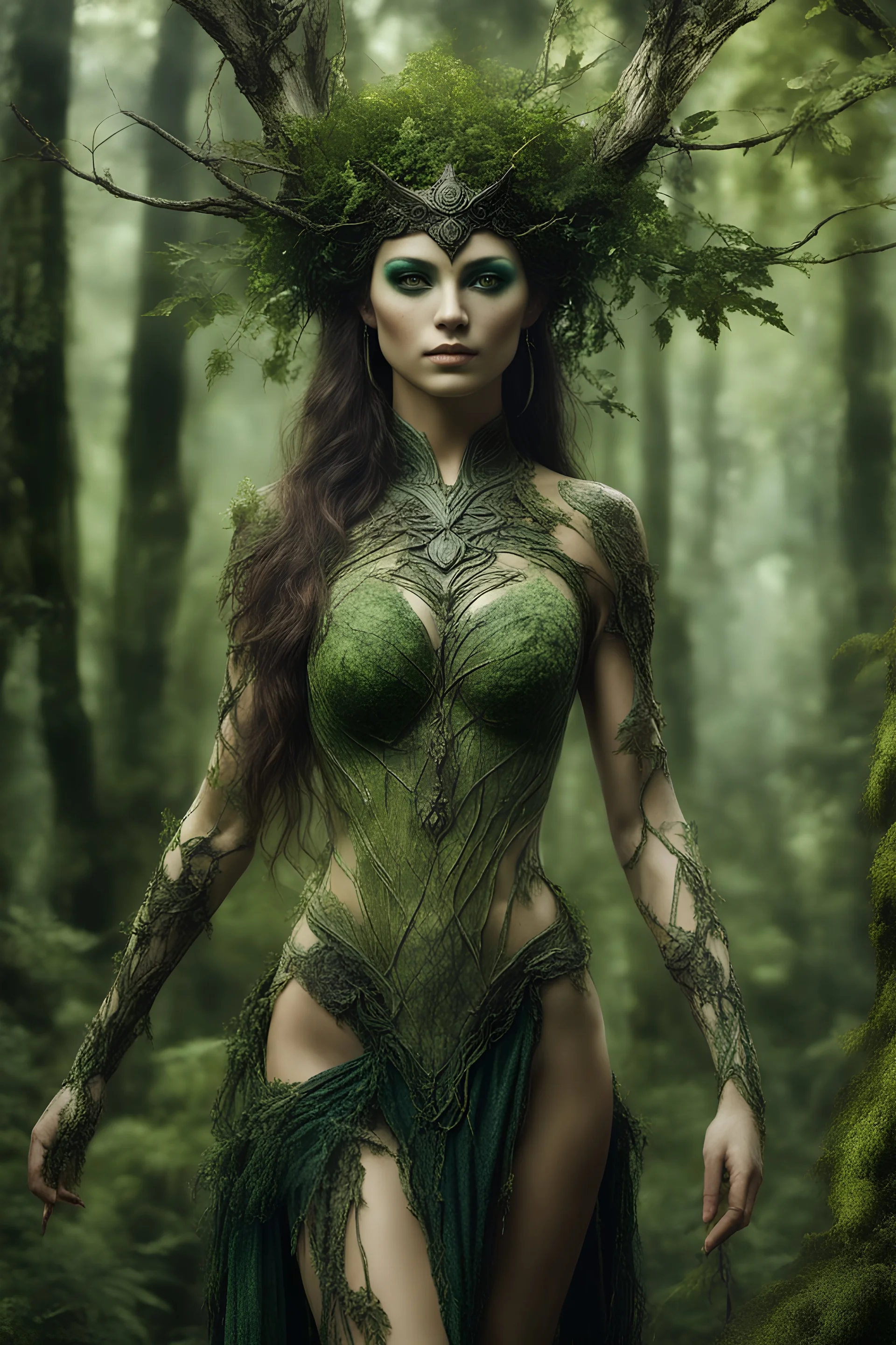 Photography HD realistic full body portrait natural beauty of a forest dryad enchantress , with highly detailed, sharply lined facial features, in the deep forest of Brokilon , finely inked, in rustic colors, 4k