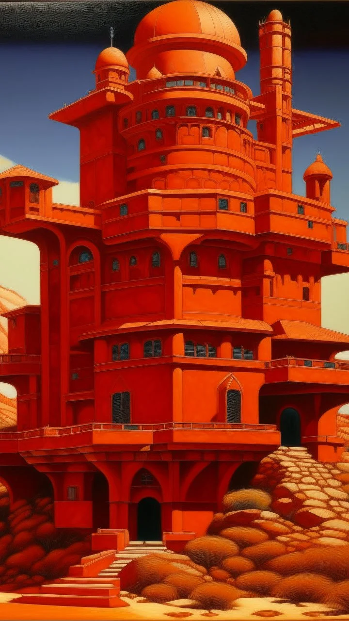 A reddish orange colored clockwork castle painted by Frank Lloyd Wright