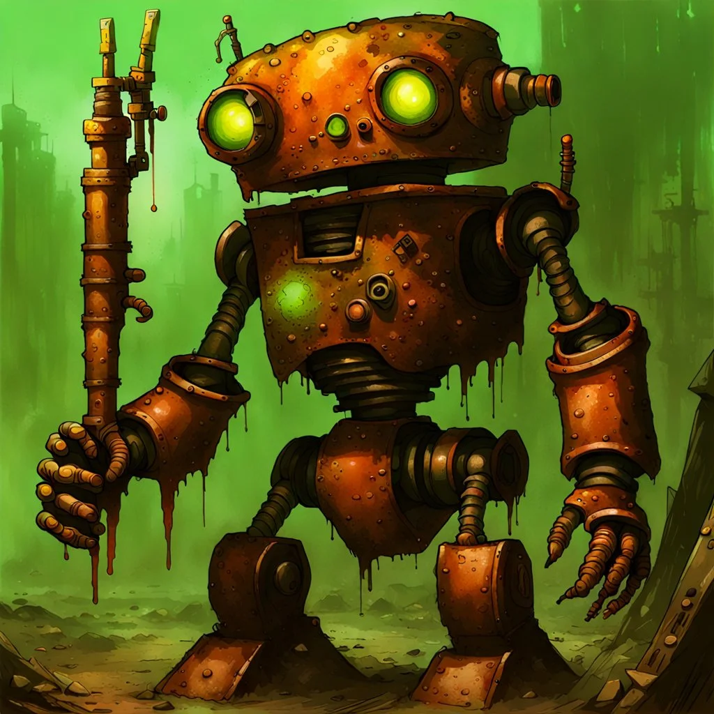 90's fantasy tcg art of rusted post apocalyptic robot in toxic ooze