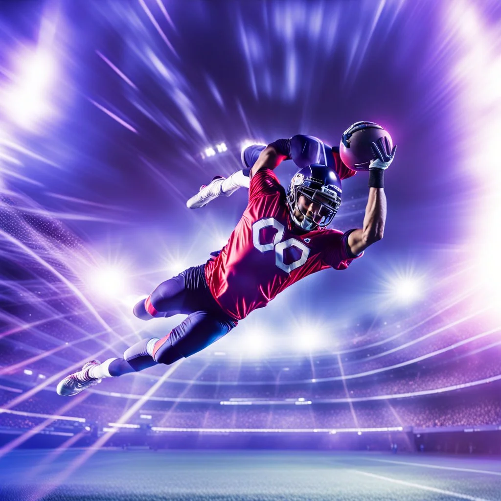 infinity symbol ∞, on football players shirt, football player diving dramatically to score a touchdown, DSLR with a 80mm lens, set to f/16 and a slow shutter speed of 1/15s, striking, neon, vibrant, chiaroscuro, dramatic, captivating, high-tech, powerful, fantasy, beautiful, octane render, 16k post-production, artstation: award-winning: atmospheric: commanding: fantastical: clarity: ultra quality: striking: brilliance: stunning colors: amazing depth; lens: f/11, 35mm