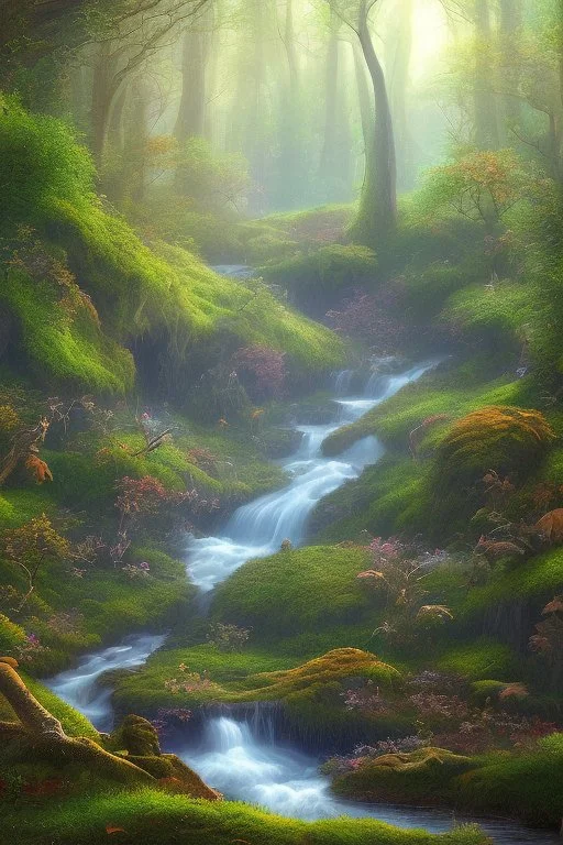 Generate an image of a serene forest scene with a river running through it.