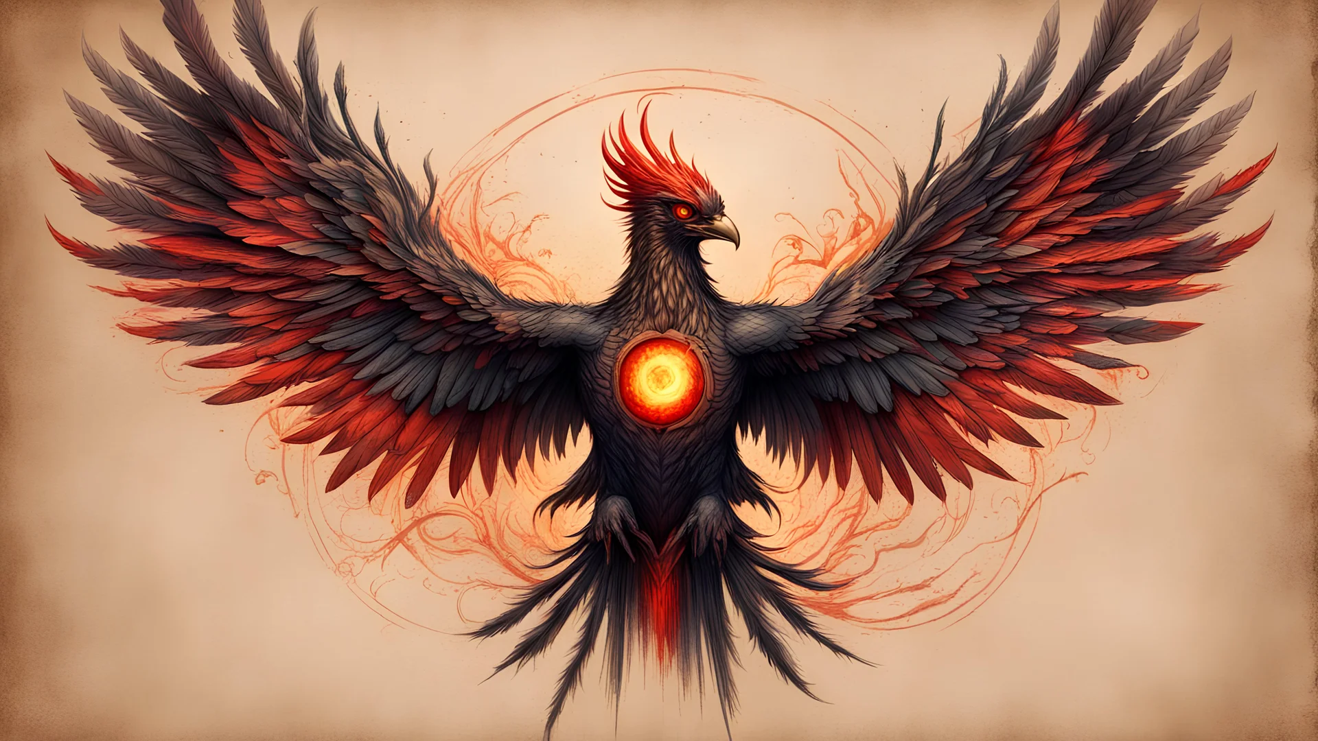 Hyper Realistic colored-sketch of Cyberpunk-Phoenix with glowing red eyes & golden-wings-&-feathers on a vintage-old-paper