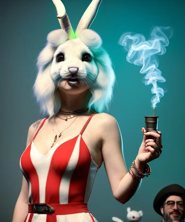 Ultra realistic photographic party portrait, sound club, wide-angle lens, couple, cinematic, happy blonde woman smoking a shisha pipe, accompanied by big white rabbit friend, hot, circus dress style, marihuana plants, color smoke, soft color, highly detailed, unreal engine 5, ray tracing, RTX, lumen lighting, ultra detail, volumetric lighting, high definition.