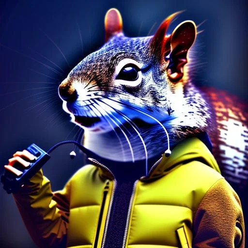 Squirrel toddler, steampunk headphone, sunglass, gangsta neckless, full body, yellow puffer jacket, tokio background, dramatic lighting, hyper realistic, unreal engine 5, 16k