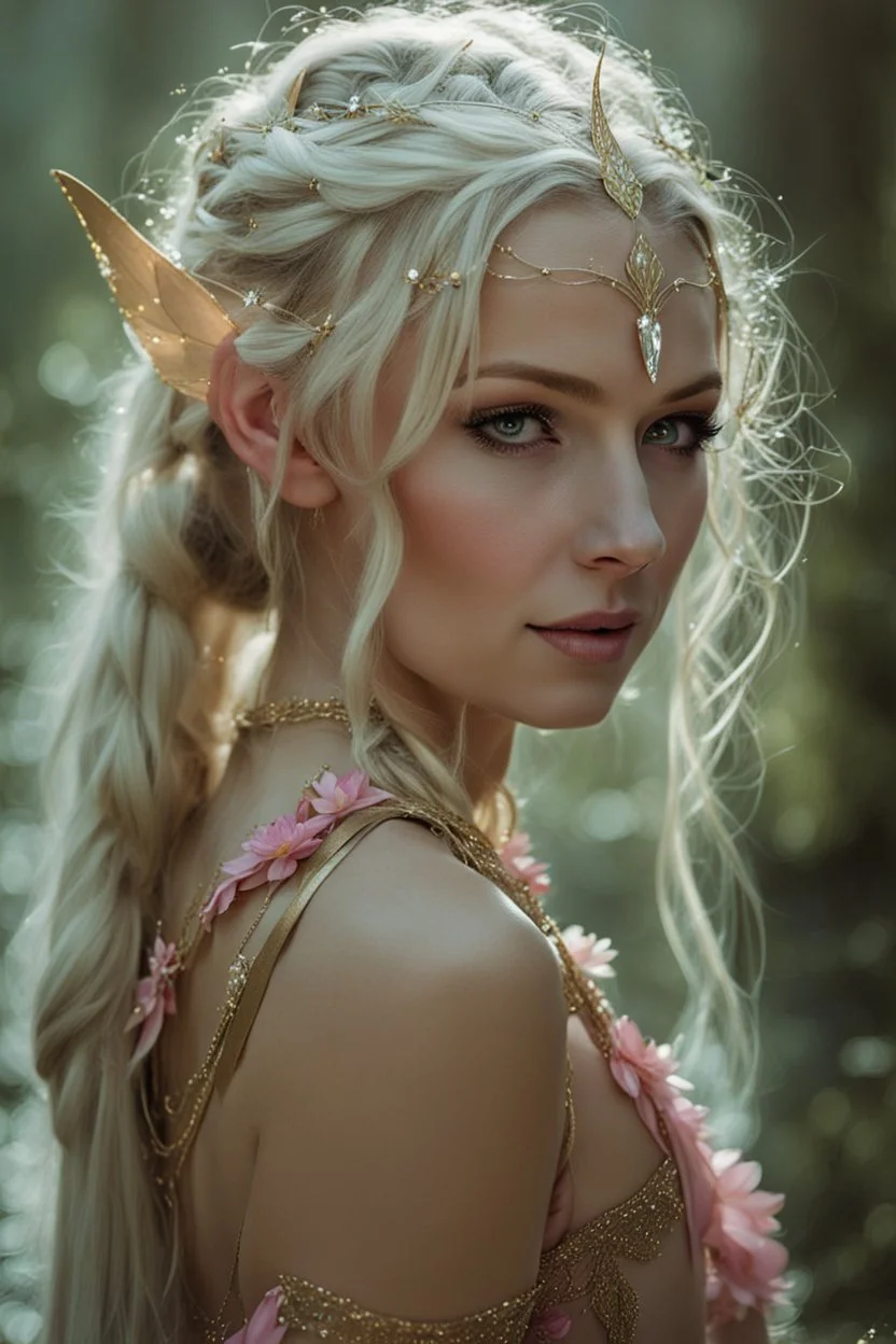 Pointed elven ears,Blonde hair ,Pink dress,Sparkling fairy wings,Very long golden hair,Fairy crown,pointed ears,elven ears,fairy wings,water lilies,sparkling,glittering,flowers,blossoms,golden crown,light pink dress