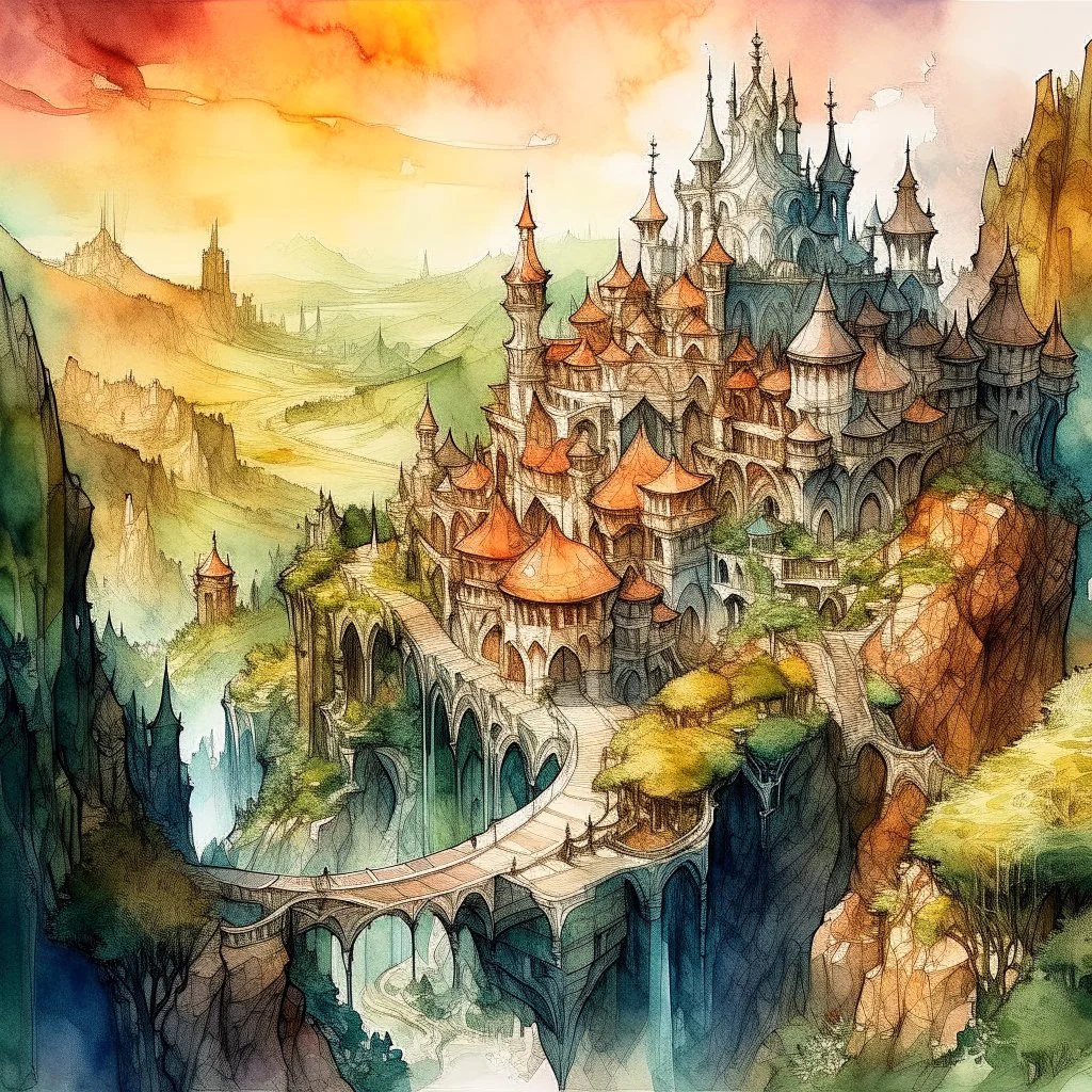 dnd, fantasy, watercolour, large strokes, stylistic, landscape, illustration, capital city, opulent, magnificent