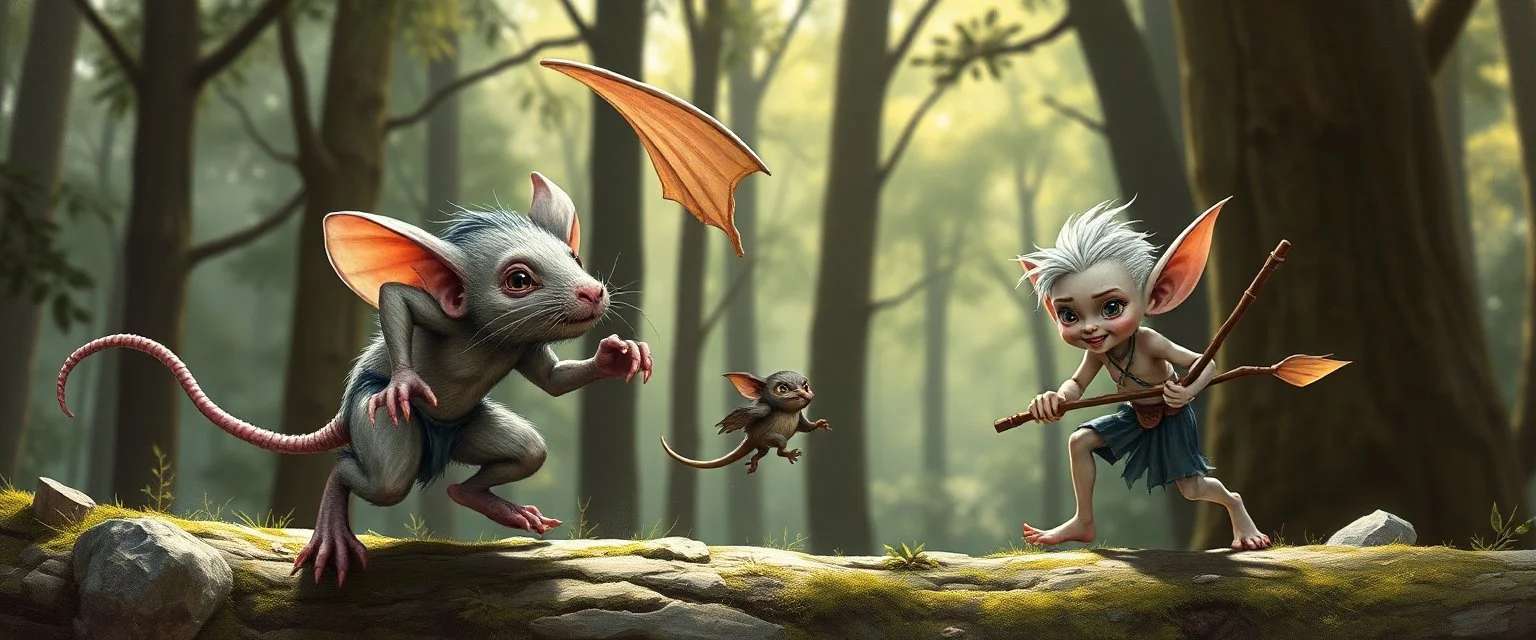 rat gremlin elf halfling pixie runner, airbrush and pen outline, realistic 3d rendering with high contrast forest background