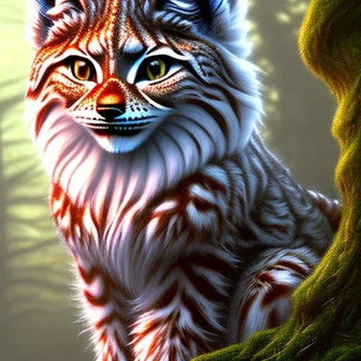 close up on fluffy lynx in a tree in magical forest,another red owl in the background, fantasy book cover art