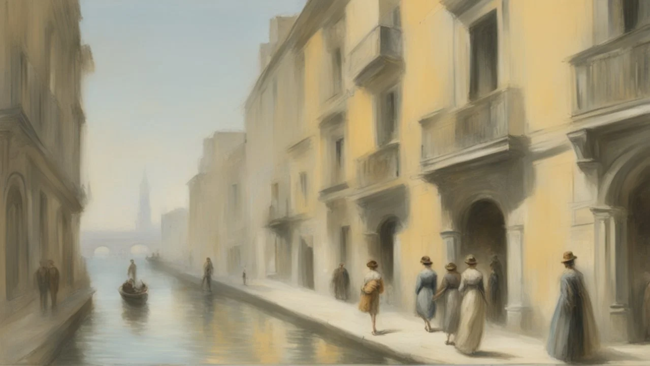 a painting of people walking down a street next to a body of water by Telemaco Signorini, featured on pixiv, american barbizon school, academic art, cityscape, henry moore