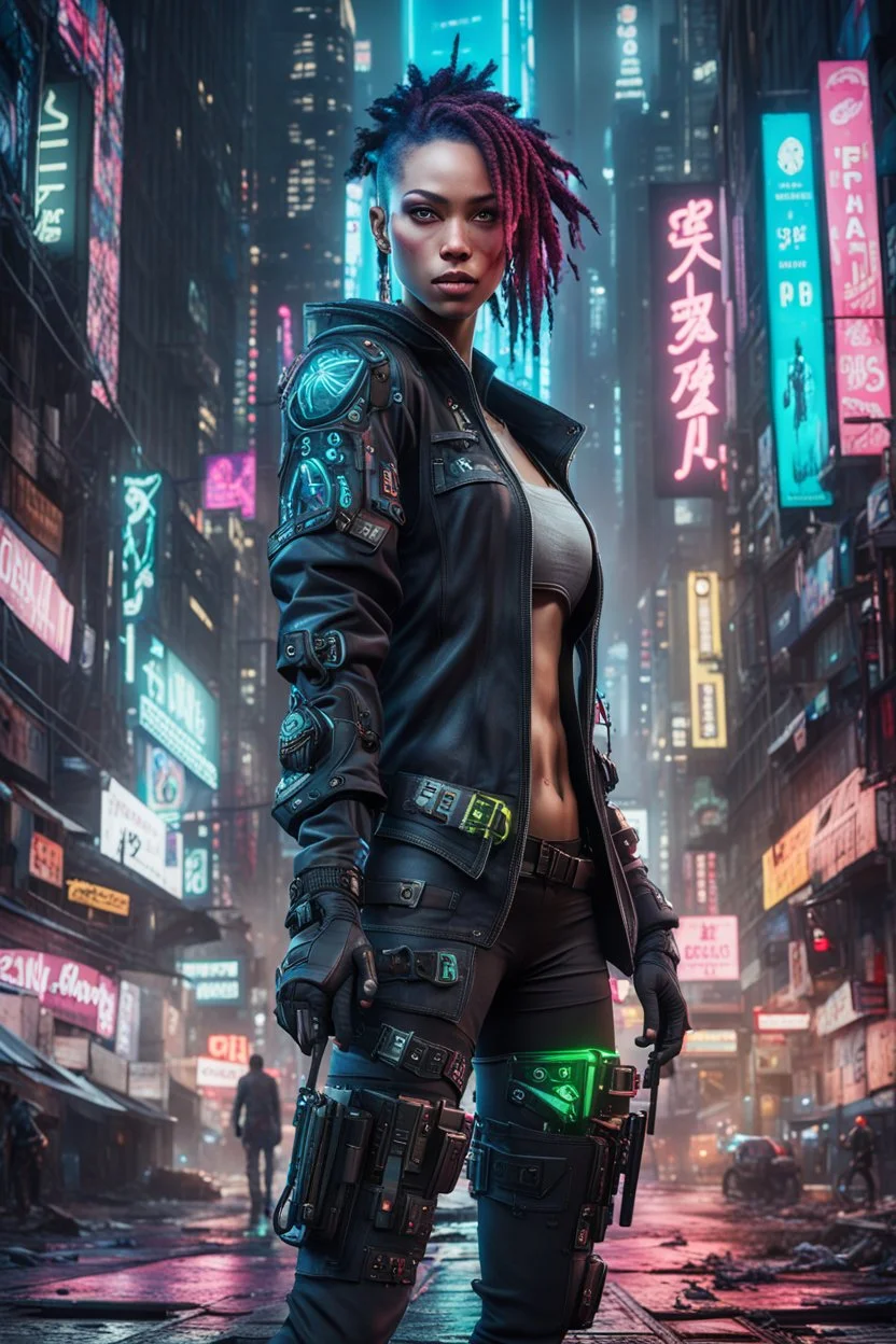 Realizza una dettagliata e ad alta risoluzione rappresentazione di un personaggio cyberpunk semi-realistico immerso in un contesto urbano, integrando senza soluzione di continuità la tecnologia avanzata con un ambiente grintoso. Immagina un protagonista che si muove attraverso le strade affollate, adornato di miglioramenti cibernetici che potenziano le sue capacità fisiche.