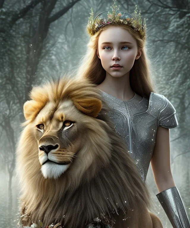 Young beautiful girl with floral crown standing next to a majestic, stunning lion on nature forest path, Chronicles of Narnia, 8k resolution, high-quality, fine-detail, iridescent, intricate, digital art, detailed matte, volumetric lighting, beautiful, illustration, 3D octane render, brian froud, howard lyon, selina french, anna dittmann, annie stokes, lisa parker, greg rutowski,