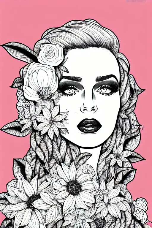 hyper detailed, black and white, thick line, coloring book illustration, lineart, stunningly beautiful woman in flowers