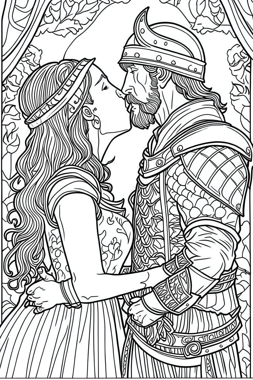 Fantasy coloring page, minimal detail. HD. Woman kissing a male knight with a beard