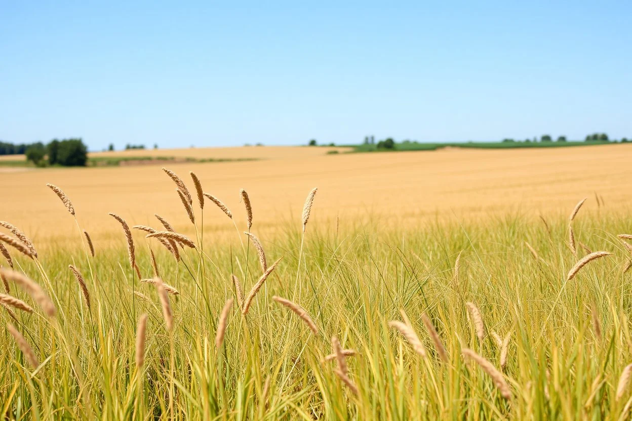 a short wild grass clearing next to an ideal farm field, sunny day, product photo setting, mid-level horizon