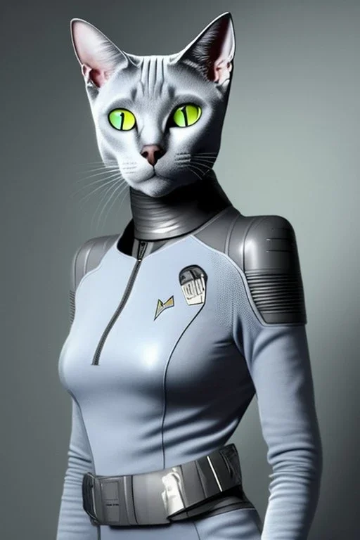 Portrait of a grey cat which is dressed like Seven of Nine Star Trek. Eyes like seven of Nine