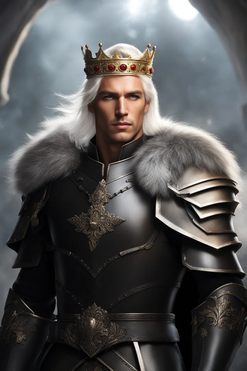 Male Tan Human, White Hair, Handsome Face, Wearing A Crown, Black Heavy Armour, Dark colours theme, Dark Background