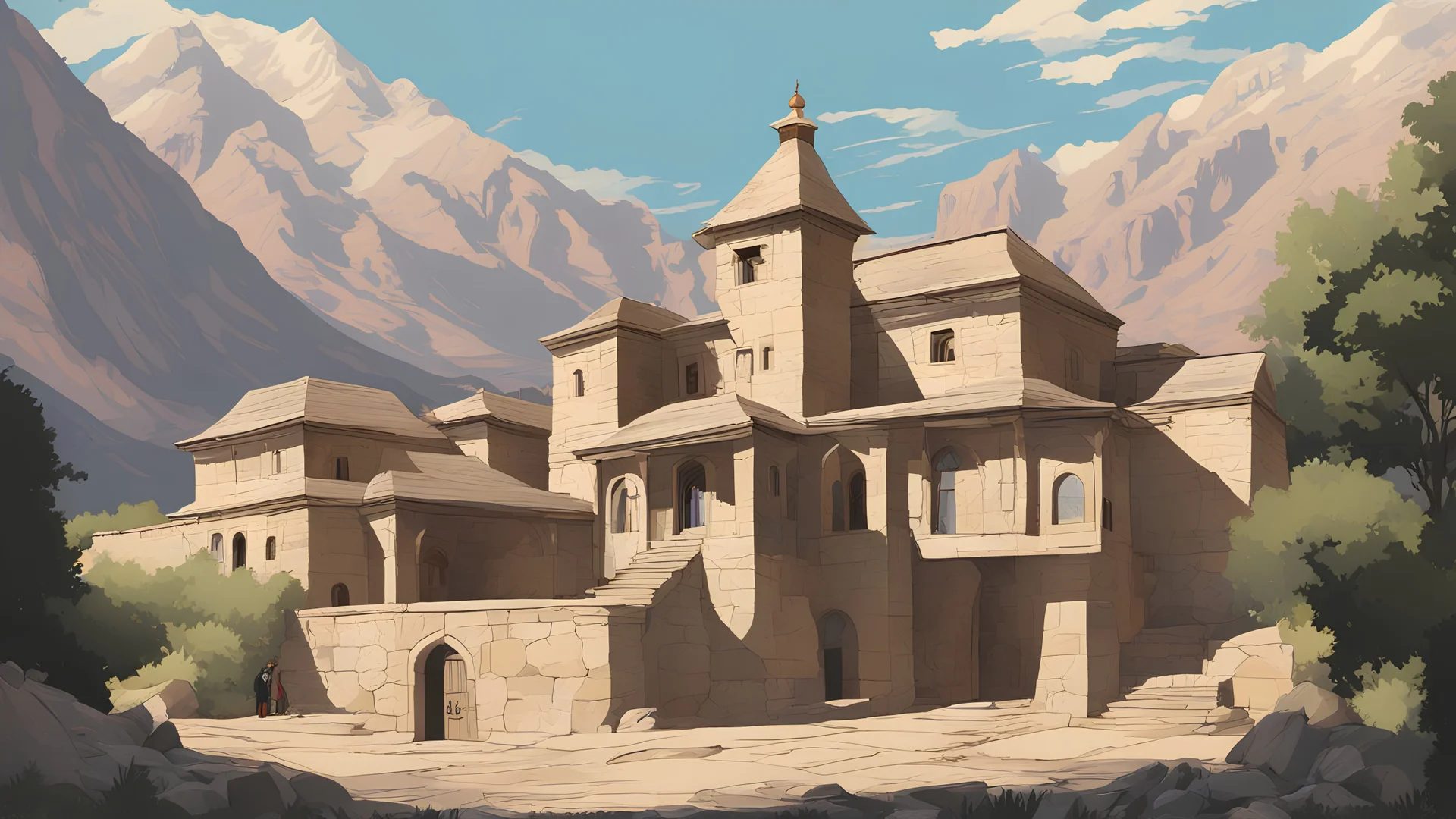 Vector.شیخ. مکتب نقشبندی. Naqshbandi. Monastery. Kurdistan. Stone house school. Students of jurisprudences. Old home school. Iran. 2D animated. 1900 AD. Digital painting, inside. Minimal.