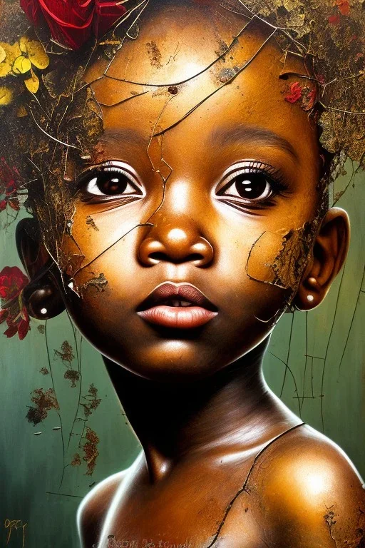 an abstract painting of rusted metal and flowers, african baby portrait, rust, scaffolding, iron cladding, decay, mixed media, textured, anatomically correct, beautiful perfect face, sharp focus, highly detailed