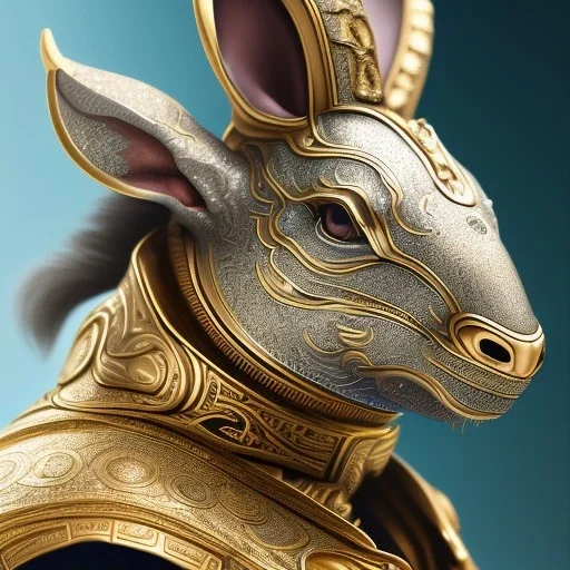 fantasy magic, sharp focus, illustration, highly detailed, digital painting, concept art, art germ and Paul Lewin and Kehinde Wiley, masterpiece silver rabbit head bronze turquoise golden waves