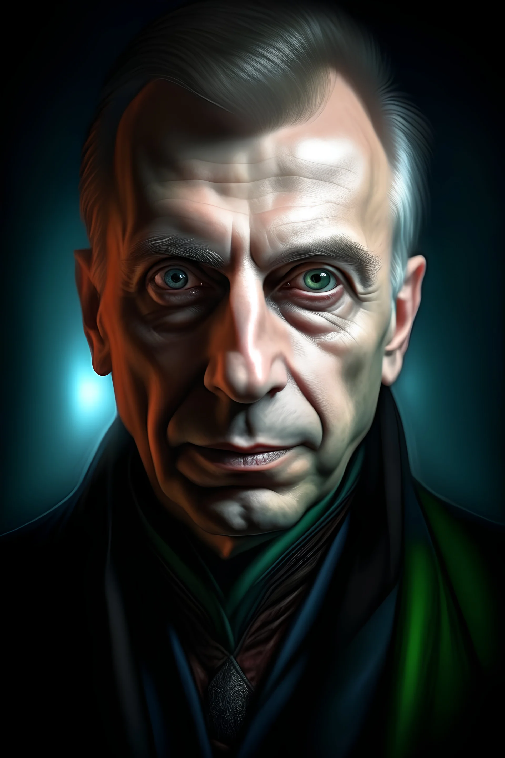 hyper real oil painting of vampire portrait with clear bluegreen eyes in spotlight feeling in control, zeiss prime lens, bokeh like f/0.8, tilt-shift lens 8k, high detail, smooth render, down-light, unreal engine, prize winning