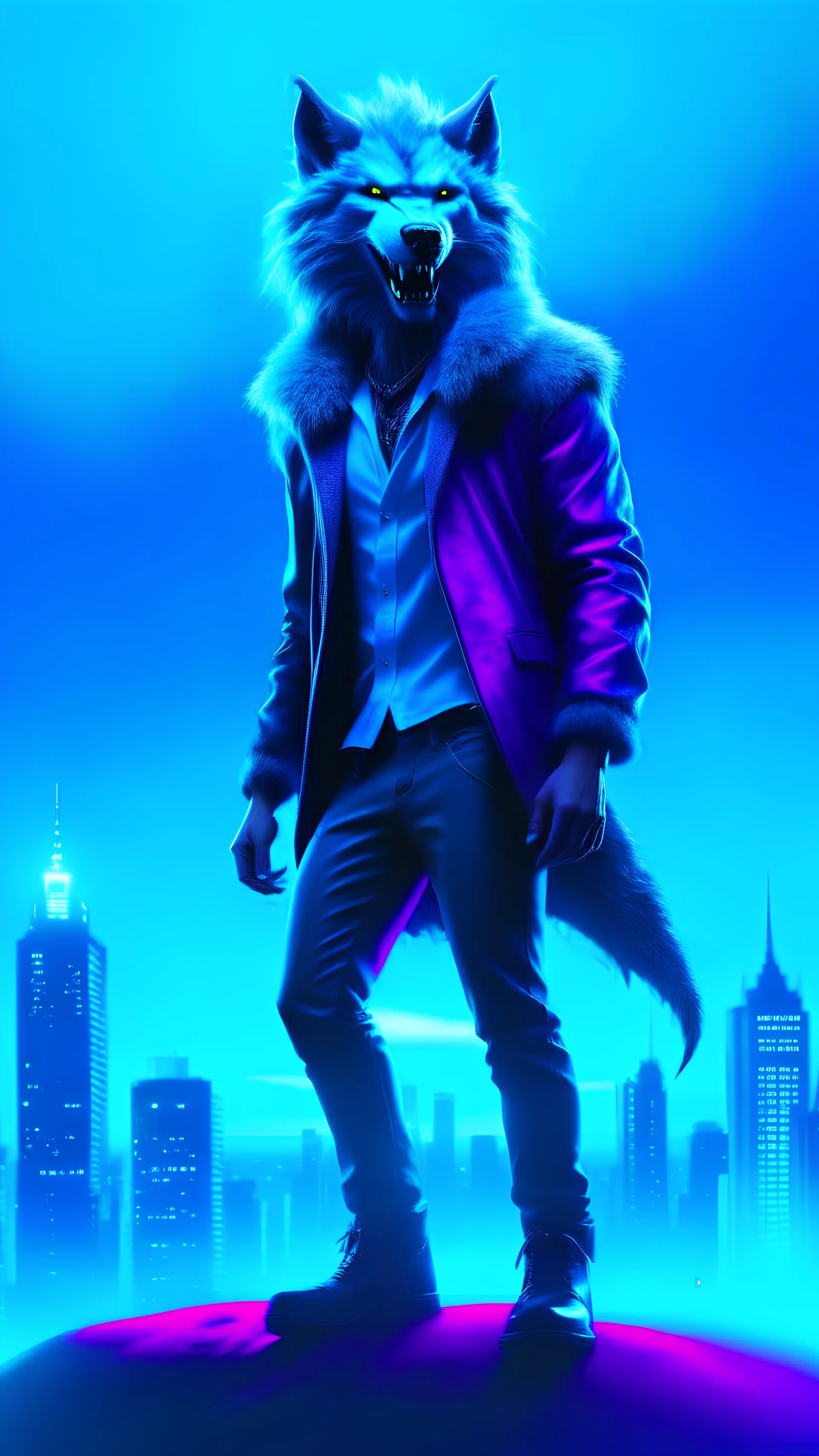 full body shot, happy gentle kind grinning werewolf standing on top of a skyscraper, smiling eyes wide open: daytime: confident, stylish, Matrix film style, neon lighting, cool blue hue on sleek metallic surroundings, the werewolf's clothes are avant-garde and edgy, fashionable essence of 2029, highly detailed digital painting, intricate details, Sharp focus, smooth lines, futuristic allure, captivating, visually stunning