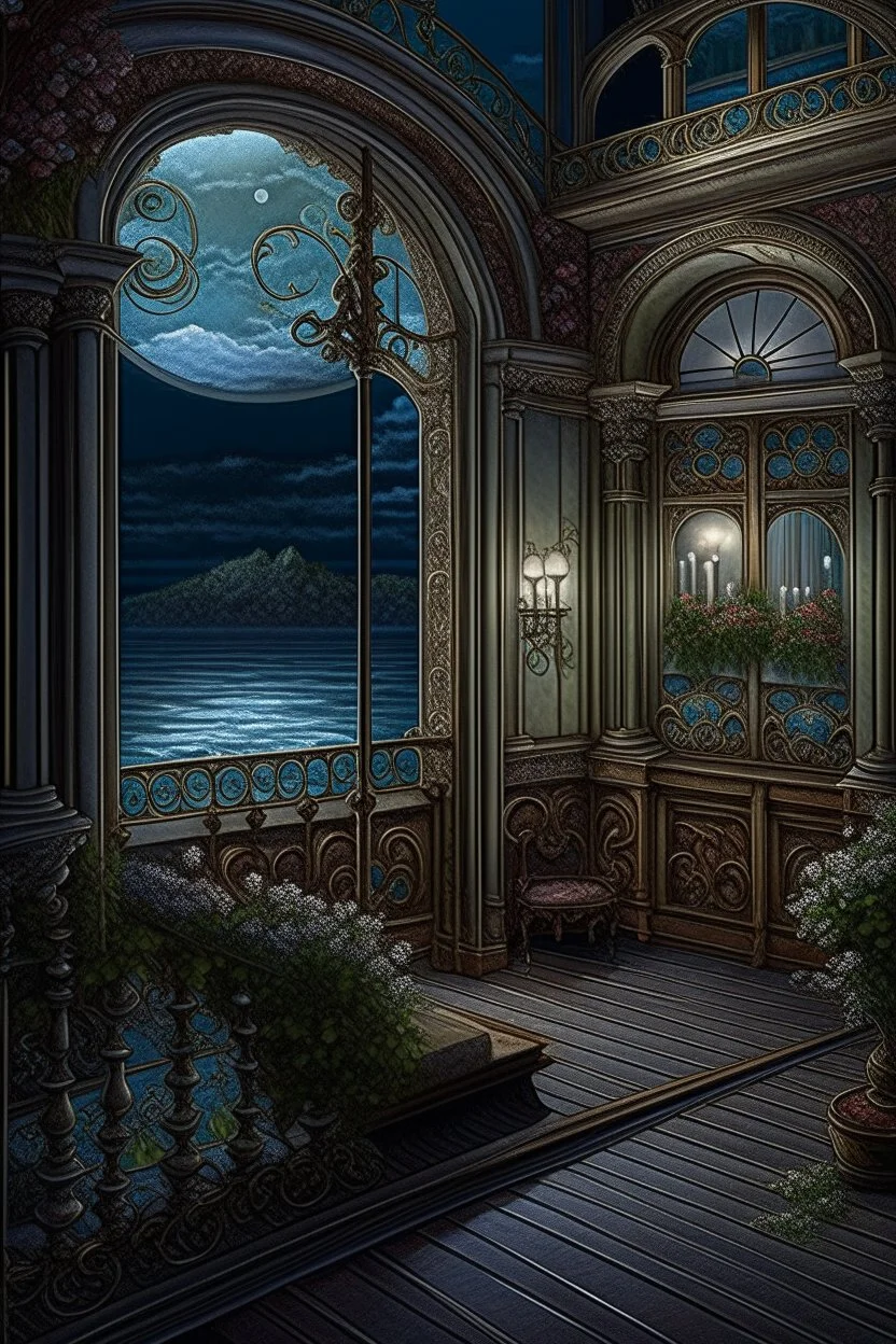 the balcony of the palace, moonlight, beautiful flowers, the surface of the water under the balcony like a mirror, mega-detailed drawing of small fine details, photorealistic drawing with colored pencil + pastel, ink, bright, botanical, fantasy, medieval atmosphere, cinematic, Art Nouveau, the camera is aimed at the object