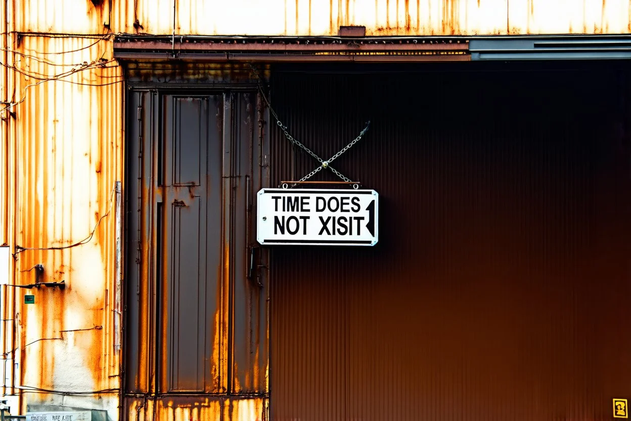 an arafed street sign hanging on the side of a building with text "TIME DOES NOT XIST", concept art, street art:2, war art, surrealism aesthetic, time does not exist anymore, three, plus - x,, infinite space clock background, rust background, oilpunk, lithographics, futuristic typography, paradox, fallout, inevitability, connectedness, amazing reflections, great verticals