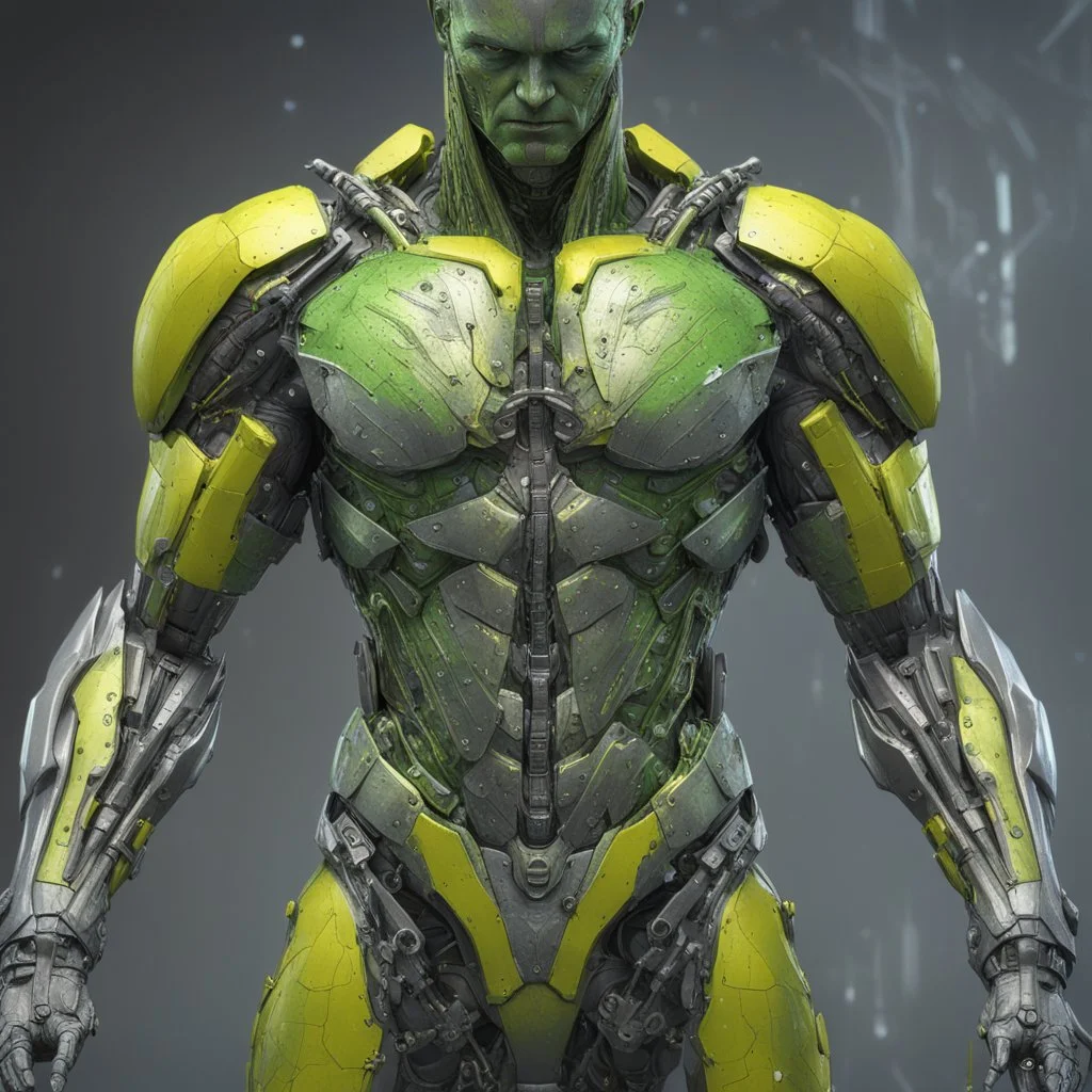 ANDROID man, torso with arms, full body armor, hyper detailed 8k colored pewter, yellow green and silver, incubus, detailed digital painting by Adam Martinakis, Howard Lyon, Alejandro Jansson, Aleksi Briclot, background art by Aaron Miller, ultra - fine detail, 16k, artstation trend, sharp focus, studio shot, intricate details. Full body