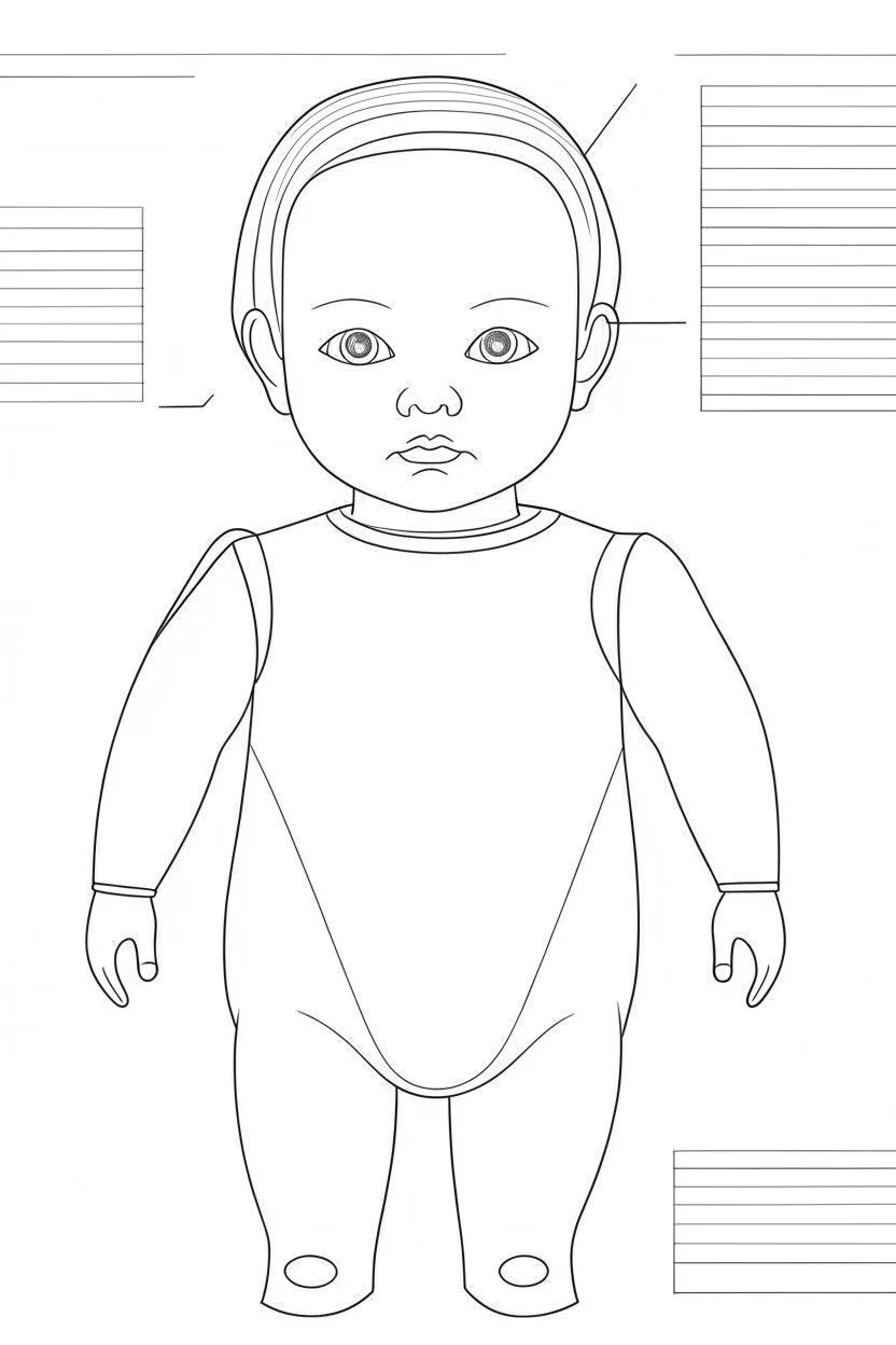 baby doll, realistic, each unique, flat vector, full view, only draw lines, clean line art, –no sketch, white background, minimalistic black lines, minimal black color, coloring page, thin black line art, perfect shape, perfect clear lines,