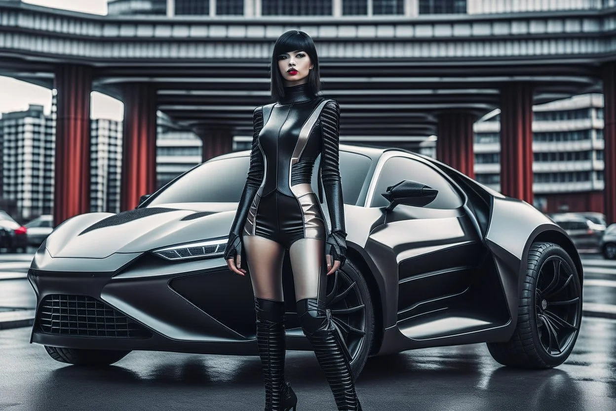 A Full-Length Pale Dark-Haired Woman With A Straight Bob Hairstyle With A Fringe, In A Futuristic Leather Outfit, And Gloves, Standing Next To A Futuristic Car, in a futuristic city