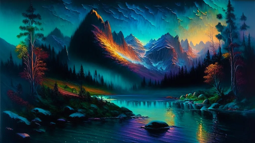 Serene landscape by night with northern Lights with river running trough mountains, a forest with a lot of vibrant colors, in the style of bob ross, thomas kadinskade and albert bierstadt. Peacefull and calming, intricate details, vibrant.