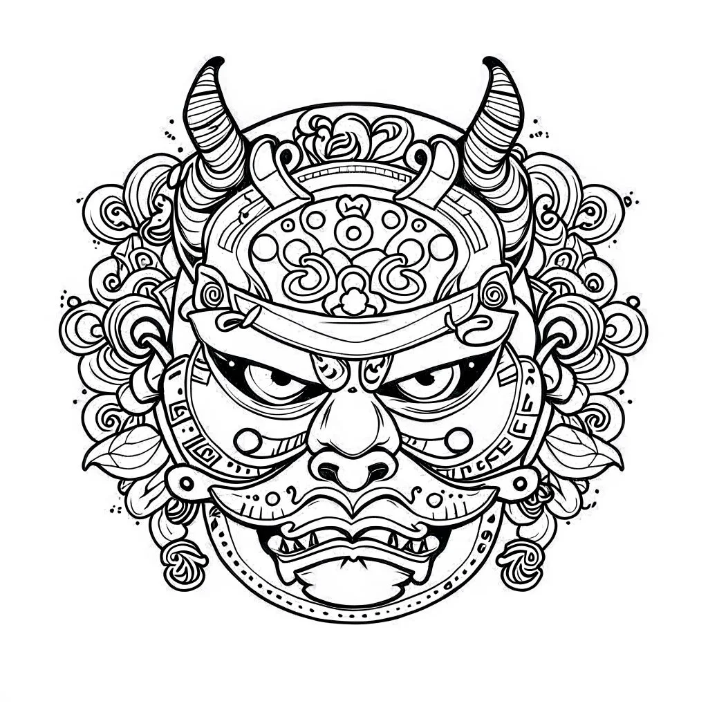 White, line art style, mask japanes cute, vector, white background, outline, with images neatly contained within the background, just black and white color,