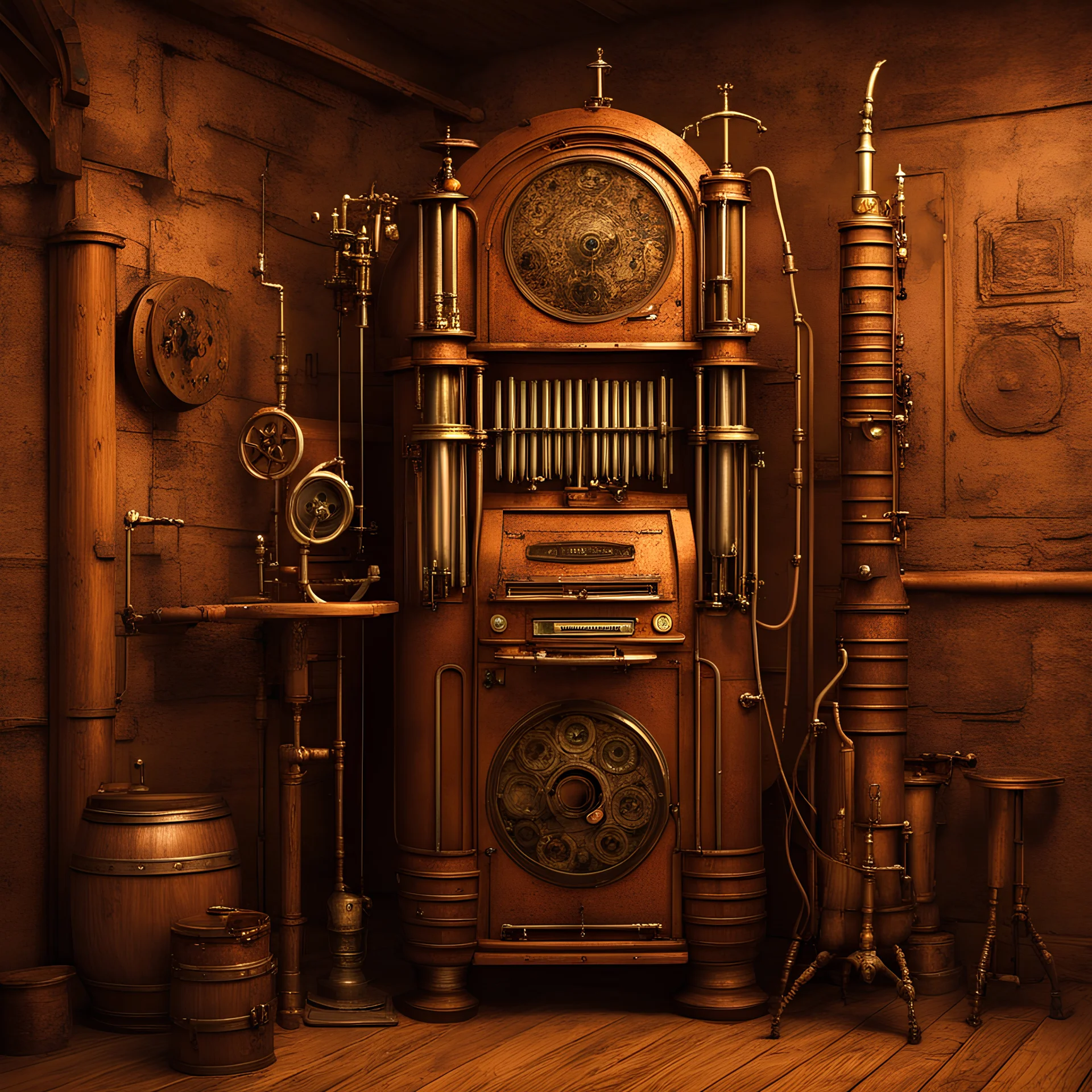 rusty steampunk styled living jukebox made from brass with some organ pipes, some metal strings and a tuba, with some mechanical limbs, which is standing in a corner of a medieval tavern
