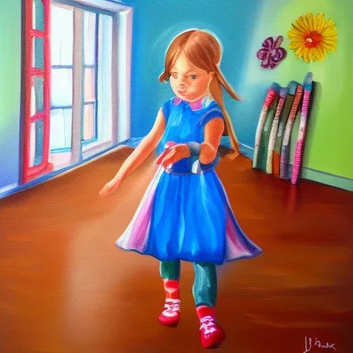 little girl walking in the house painting