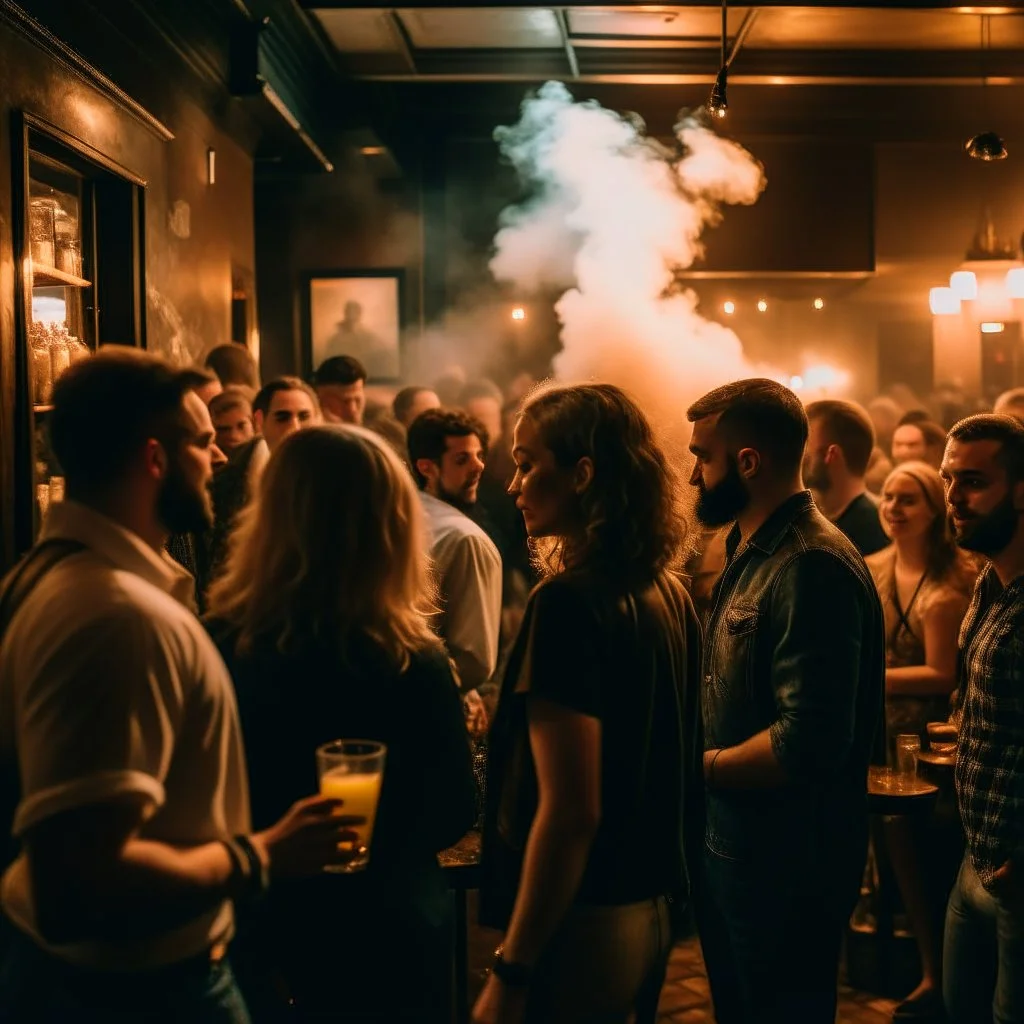 a crowded smokey bar, lots of people, focus on a lonely person against the wall