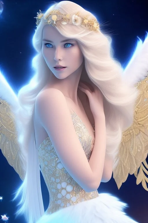 Flower, angel man, (detailed face )++, (detailed blue eyes)++ (long blond hair)++(pectoro visible)++(smile)++, , (two feathered wings on his shoulder blades)++, beautiful place, incredible, cosmic, colours, planet, gold, realistic, real photo, stars at night, detailed, high contrast, 8k high definition, unreal engine 5, extremely sharp details, (lighting effect, light background)++.